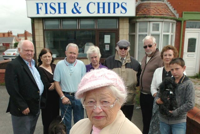 Mo Moreland (centre) with residents of Harcourt Road and St Annes Road, South Shore, outside the Fish and Chip Shop in St Annes Road. There were plans to turn it into a Kebab shop. Do you remember this?