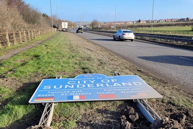 High winds caused by Storm Malik uproot road sign welcoming drivers to Sunderland