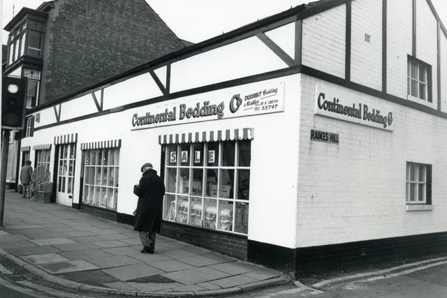 Continental Bedding on Church Street, Blackpool, opposite Park Road. Originally, Raikes Smithy stood on this site, then a pet shop selling dog, bird and poultry food as well as being a gun shop. Previously to this picture the building had been Mickey's which also sold bedding.The building burned down in 1988