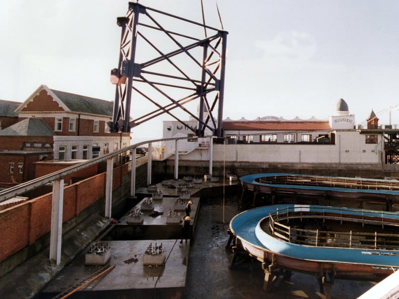 Part of the Log Flume can be seen in this picture in the shadows of steelwork put in place for the new Big One rollercoaster in the early 1990s