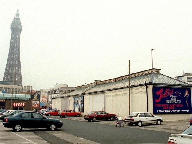 Central Car Park with the tower shrouded in mist - and a sign for top 1990s club Jellies