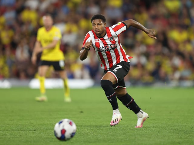 WATFORD, ENGLAND - AUGUST 01: Rhian Brewster of Sheffield United during the Sky Bet Championship between Watford and Sheffield United at Vicarage Road on August 1, 2022 in Watford, United Kingdom. (Photo by Marc Atkins/Getty Images)