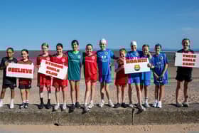 The Fleetwood Town Under-11 Lionesses pause for a photocall during their fundraising triathlon