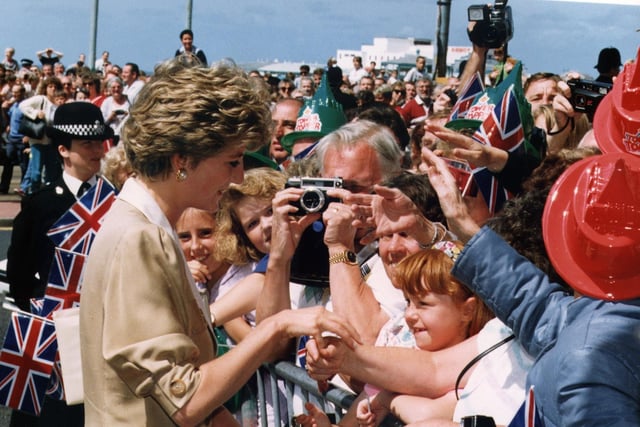 The Princess of wales and the crowds on Blackpool front during a Royal visit