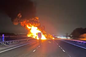 Emergency services at the scene of the lorry fire on the M62  this morning (Tuesday, January 31)