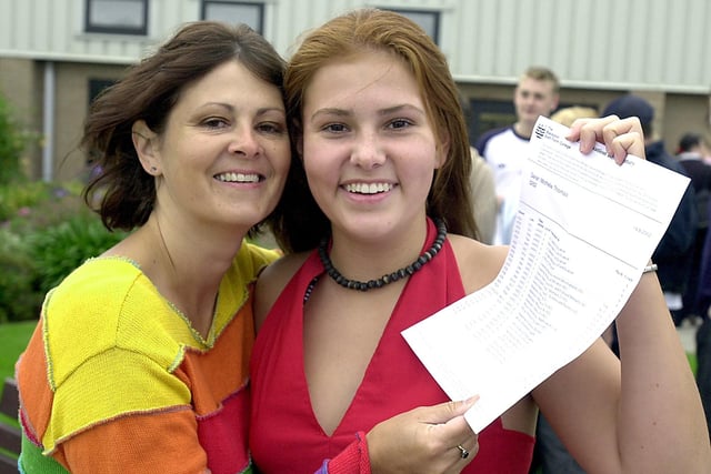 A Level results at Blackpool Sixth Form College - Maureen Thomas congratulates her daughter Sarah on her four grade A's in 2002