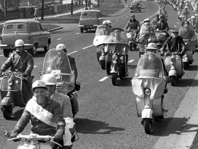 More than 150 scooters took part in this parade which was part of the Blackpool Scooter Rally (1958)