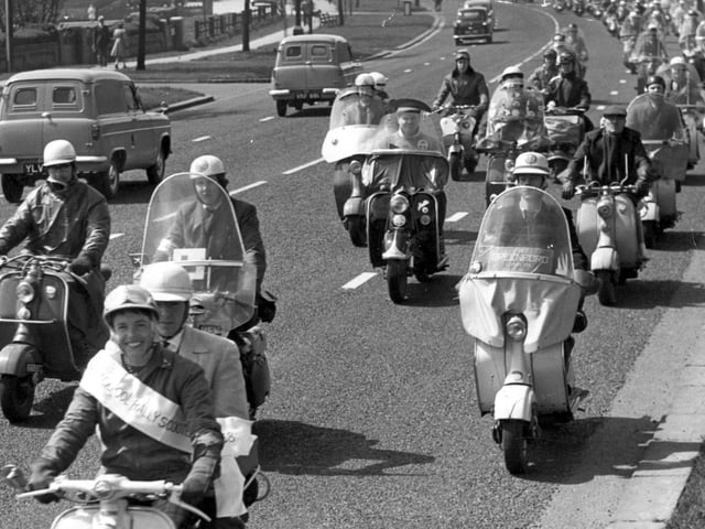 More than 150 scooters took part in this parade which was part of the Blackpool Scooter Rally (1958)