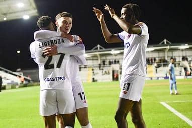 AFC Fylde celebrate Siya Ligendza's opening goal against Farsley Celtic on Tuesday  Picture: STEVE MCLELLAN