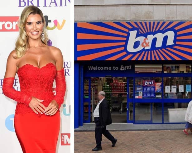 Left: Christine McGuinness in 2023 (credit: Getty). Right: A B&M store in Blackpool (credit: Google Maps).