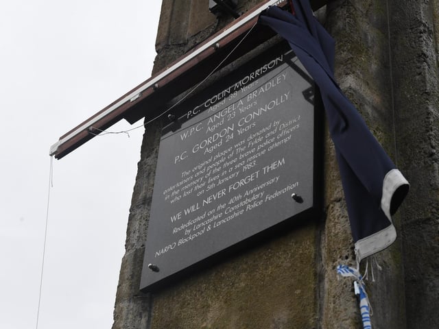 The new plaque unveiled in memory of police contables Angela Bradley, Gordon Alexander Connolly and Colin Morrison.