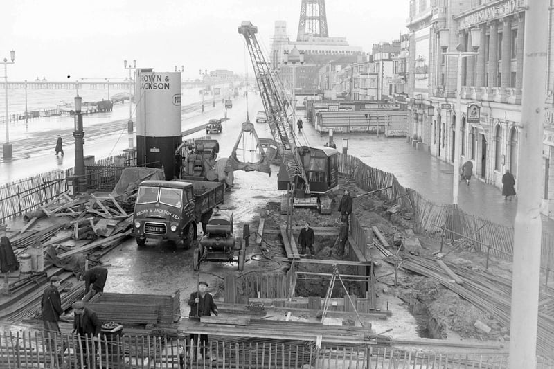 Work in progress on Blackpool's first subway on Central Promenade close to the Huntsman Hotel in 1958. The underground walkway would run from Fairyland ( next to the Huntsman Hotel seen here on the left) to the lifeboat house