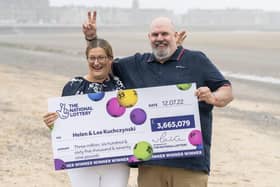 Helen and Lee Kuchczynski, from Cumbria, during a photo call to celebrate their £3.6 million EuroMillions win, in Morecambe, Lancashire. Picture date: Friday July 22, 2022. PA Photo. See PA story LOTTERY EuroMillions. Photo credit should read: Danny Lawson/PA Wire