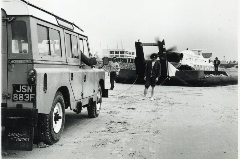 The hovercraft had other uses too - this shows the vessel pulling a Landrover stuck on the beach
