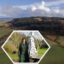 Joanna Sebborn hopes her mocked-up mast is the closest Beacon Fell ever comes to seeing the real thing (images: Tom Pooley/Lancashire Creators [main image] Paul Faulkner [inset])