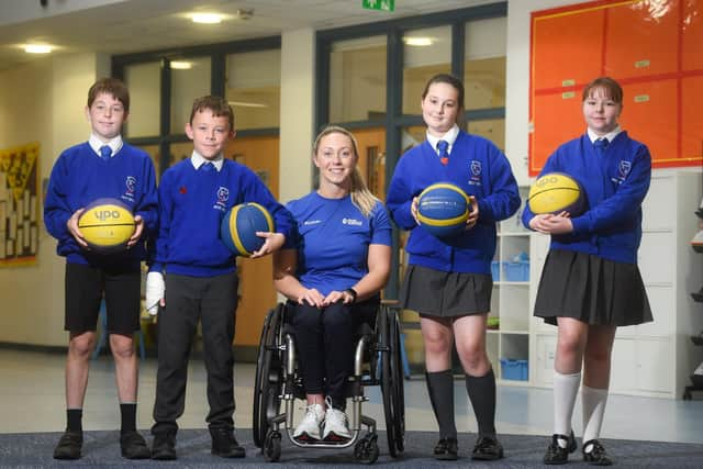 Sophie with year 6 pupils Riley Cummins, 10, Jayden Hall, 10, Amelia Hand, 10 and Maisy Head, 11.