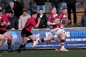 Tom Carleton races in for one of Fylde's 12 tries against Blaydon   Picture: CHRIS FARROW