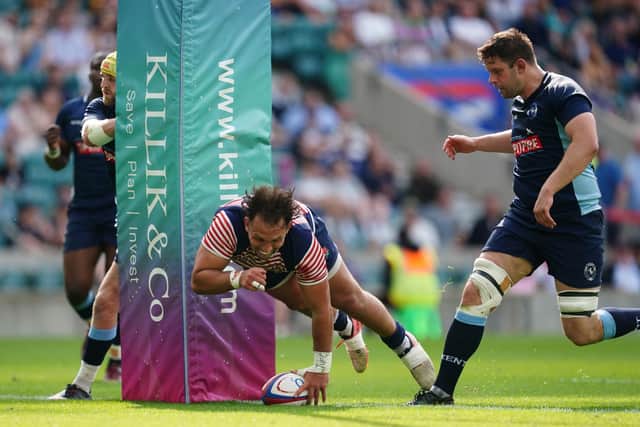 Connor Wilkinson scores a try for Lancashire during their defeat against Kent Picture: David Davies/PA Wire