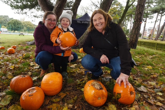 Kelly Saynor, Finlay, two, and Jeanette Giles in the pumpkin patch.