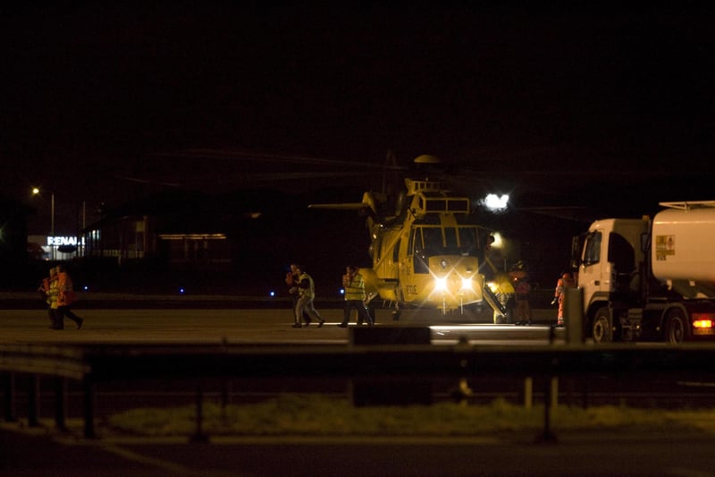 RAF Rescue helicopter code name rescue 121 landing at Blackpool airport with the first of 24 casualties who were safely airlifted to shore