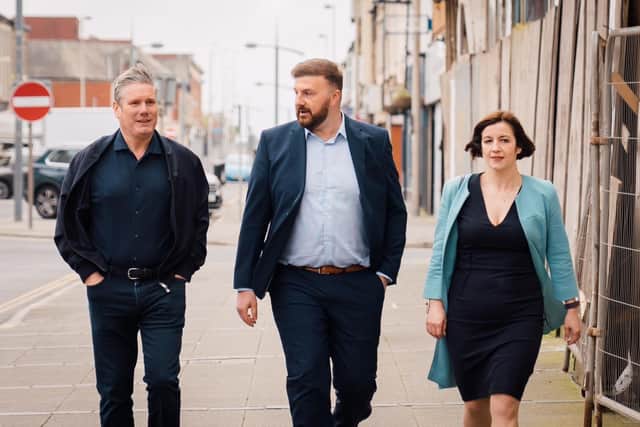 Sir Keir Starmer walking in South Shore with Shadow Education Secretary Bridget Phillipson and Chris Webb, Labour’s Parliamentary Candidate for Blackpool South.