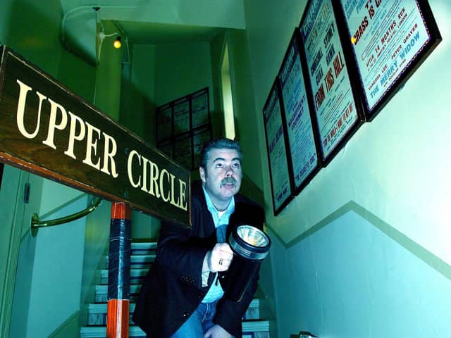 Blackpool paranormal investigator Stephen Mercer looking for ghosts at the Grand Theatre, Blackpool. The theatre is supposedly haunted by Charlie, who has been identified as the spirit of an audience member who threw himself to his death from the theatre balcony after being spurned by an actress. Charlie has been described as a cheeky ghost who plays pranks on performers. In the 1980s, a pantomime director told how he was sat in the upper circle of the theatre, close to where Charlie is thought to have jumped, when his shoulder was repeatedly tapped. Nobody else was around. There's also heightened spiritual activity is due to a ‘paranormal portal’ above the stage