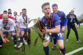 National League North player of the year Nick Haughton celebrates winning the title with AFC Fylde Picture: STEVE MCLELLAN