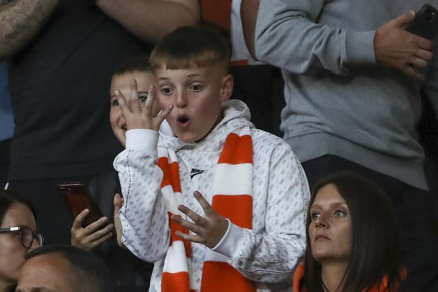 Blackpool fan gestures as he watches his team in action