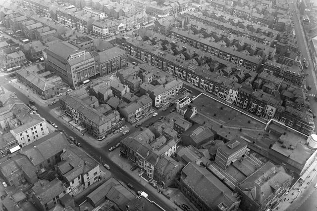 Aerial photograph of the old Hounds Hill area of Blackpool from the Tower. Coronation Street is at the top left to right, Central Drive on the right, a small section of Bank Hey Street in the bottom right corner, Adelaide Street running from bottom centre to the left, with Albert Road from the top left to centre right