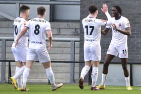 AFC Fylde striker Mo Faal celebrates finding the net on Saturday Picture: Steve McLellan