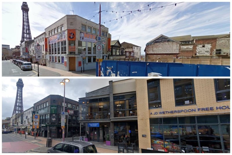 These two scenes in Market Street are worlds apart. The top one was taken in 2009 and shows NTK bar and an empty space ready for redevelopment. JD Wetherspoon's The Layton Rakes rose from the rubble and Brannigans has taken over NTK in the more recent 2022 picture. The clever use of buildings has created an area for nightlife, with Revolution further down. The Mitre and other bars are tucked away out of view in West Street to the right