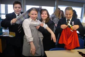 Year 7 pupils at Palatine High School in Blackpool were helped with the transition from junior school by having some of their lessons in the Designated Interactive Area.
Making a pirate costume are L-R: Jack Hayson, Kelsey Bradshaw, Victoria Chester and Alexa Robinson. PIC BY ROB LOCK