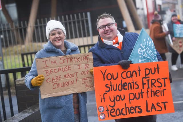 Fylde Coast teachers join the National Education Union strike. teachers and supporters at South Shore Academy. Nikki Clayton and Jon Cartmell.