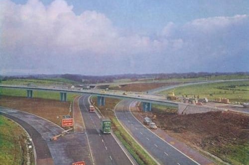 Broughton Interchange (now M6 / M55) Nearing completion is Broughton High Level Bridge with temporary 2-way running on the old southbound carriageway. This was Britain's first 3-level motorway interchange