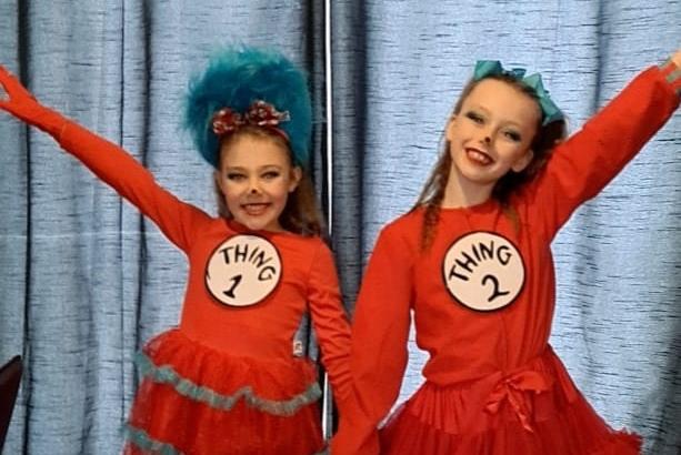 Amelia and Sienna, age 8, as Dr Seuss' Thing 1 and Thing 2.