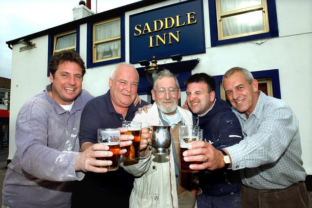 Some of the regulars at the Saddle Inn enjoy an early doors pint. From left, Wayne Howarth, Brian Nolan, Norman Wakefield, Brian Campbell and John Thompson