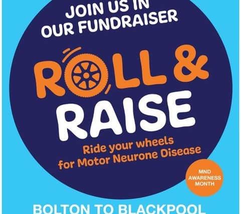 Roll and Raise poster in blue and orange Text Join our fundraiser ride with your wheels for Motor Neurone Disease Saturday 14th June