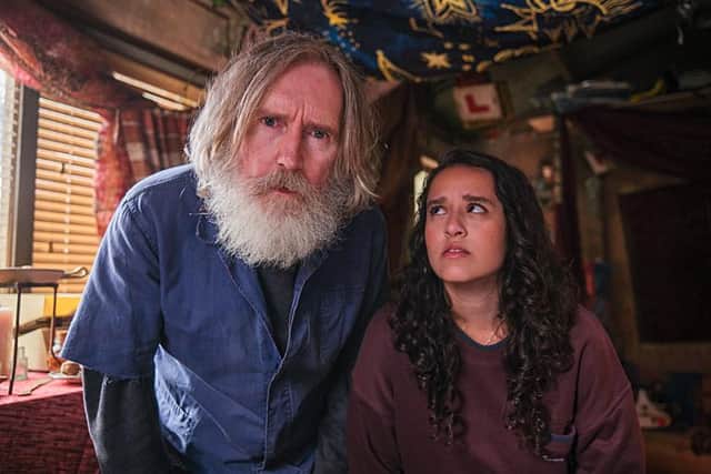 Michael (Pearce Quigley) and Kacey (Lauren Patel) in the new comedy Small Prophets (Picture: BBC/Hot Olives Productions)
