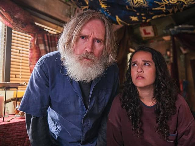 Michael (Pearce Quigley) and Kacey (Lauren Patel) in the new comedy Small Prophets (Picture: BBC/Hot Olives Productions)