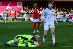 AFC Fylde striker Danny Ormerod pressures the Ebbsfleet United keeper Picture: AFC Fylde