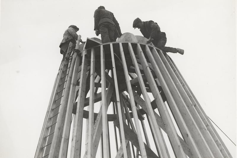 Men working on the structure which would support the 'onion' as it is affectionately known, during construction. The original idea for the roller coaster was in 1921 and it was opened on 23rd August 1923