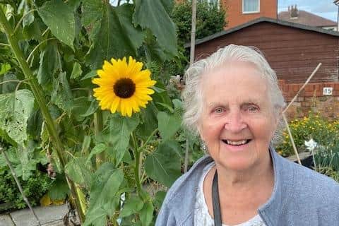 Marcia Foster in the allotment looked after by Senior Moments Hub
