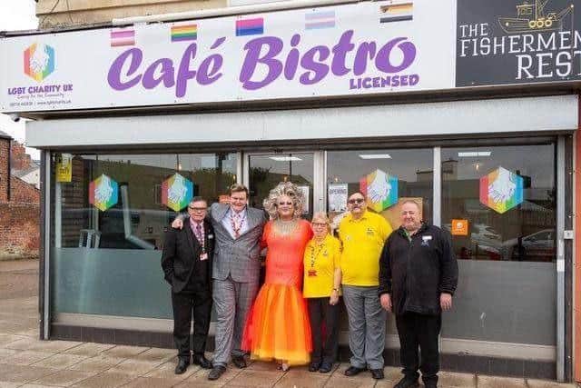 The LGBT cafe bistro in Lord Street, Fleetwood was opened by Luke and John Conway (left) in May 2021, with local entertainer The Duchess attending the official opening