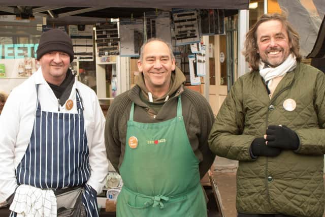 Kirkham market traders, fishmonger Colin Valentine, Malcom Cummings of Strongs Fruit and Veg and Traders Tom Nuttall of Nuttall’s Jewellery.