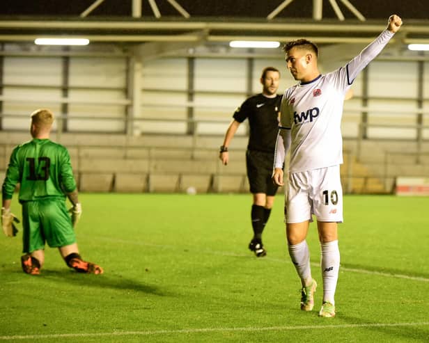 Nick Haughton celebrates his second goal in AFC Fylde's 5-1 FA Cup win over Congleton Town Picture: STEVE MCLELLAN