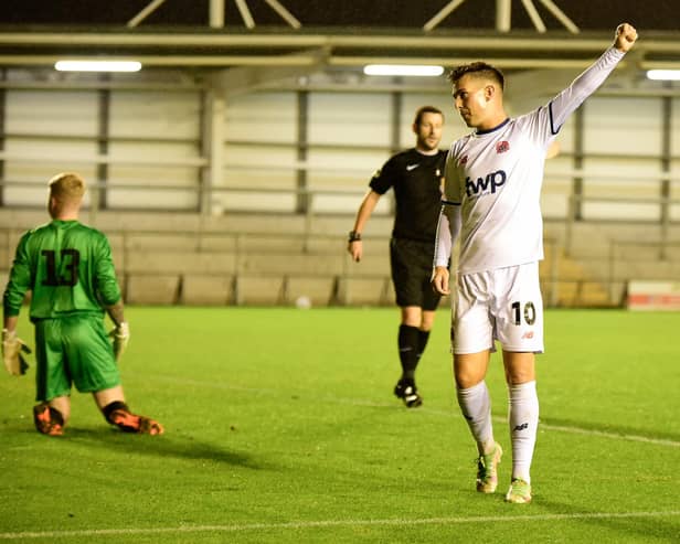 Nick Haughton celebrates his second goal in AFC Fylde's 5-1 FA Cup win over Congleton Town Picture: STEVE MCLELLAN