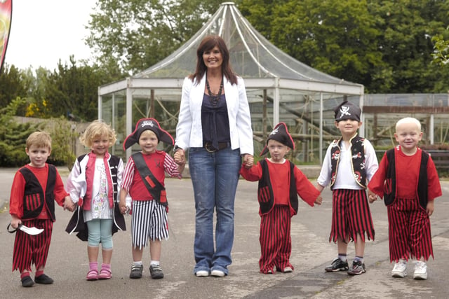 Pirate toddle in aid of Barnardo's at Blackpool Zoo. Pictured is Maureen Nolan with  (left to right) Porter Harrop, Josie Killen, Michael Whitehead, Joshua Morgan, Oliver Beniston, and Oscar Emsley