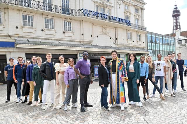 Joseph and the Amazing Technicolour Dreamcoat, at the Winter Gardens from Monday July 25 until Sat July 30. . 
Pictured:  The cast with left, Narrator Linzi  Hateley and Jac Jarrow who plays Joseph