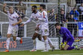 Harry Davis celebrates scoring AFC Fylde's third goal against Leek Town Picture: Steve McLellan