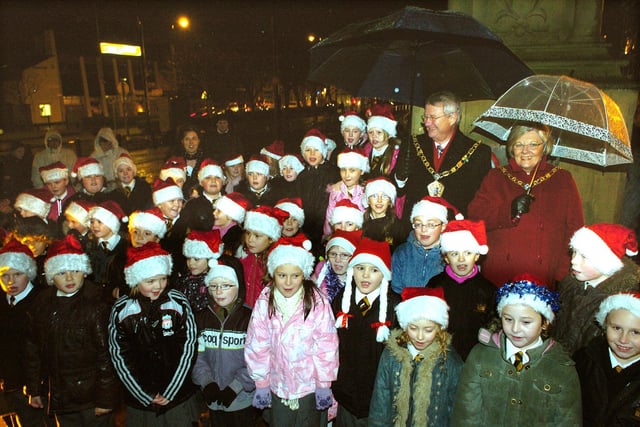 The Mayor of Wyre Councillor Gordon McCann and Mayoress Mrs Yvonne McCann join the Chaucer Primary School choir for a song during the Fleetwood Christmas lights switch-on in 2008